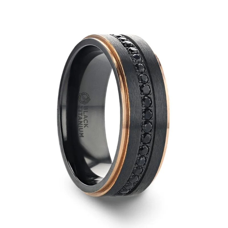 Ladies Rings with White Thaumasite-Thorsten ASTRO Flat Brushed Black Titanium Ring Rose Gold Edge and Black Sapphire