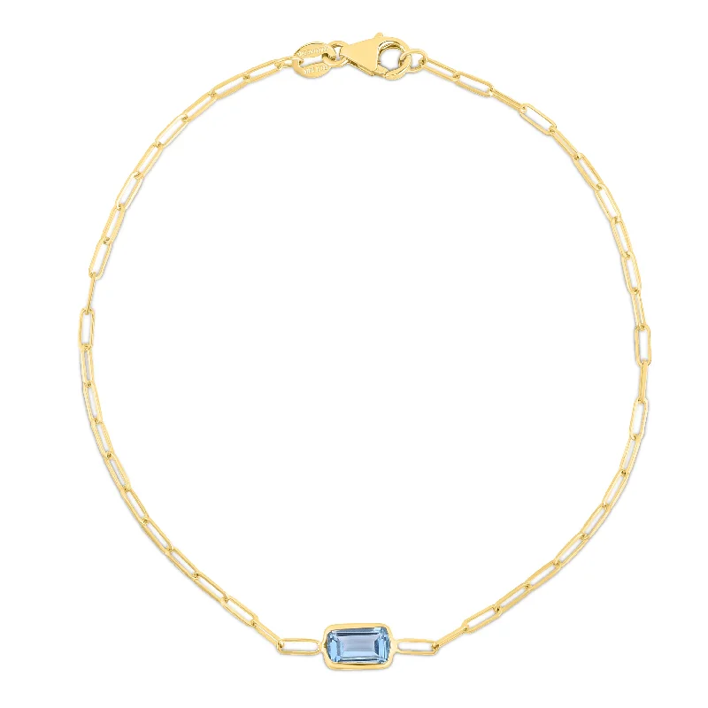 Unisex sleek bracelets -14K Blue Topaz Paperclip Bracelet