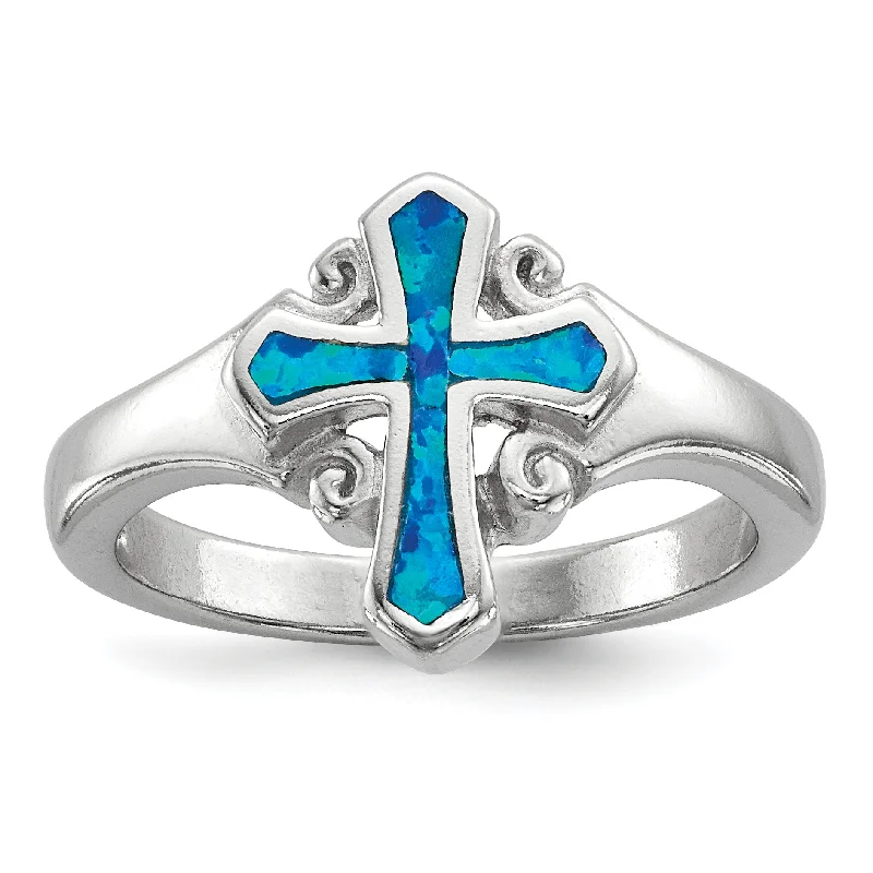 Ladies Rings with Spiral Shine-Sterling Silver Blue Created Opal Inlay Cross Ring