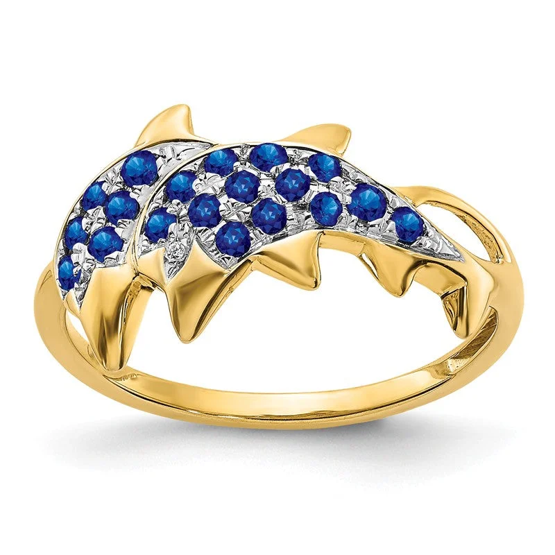 Ladies Rings for Grandma Glow-14K Yellow Gold Gold w/ Rhodium Detail Diamond & Blue Sapphire Dolphins Ring