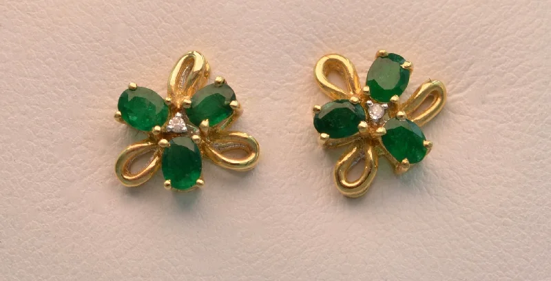 Ladies Earrings Crafted Spark-14k yellow gold post earrings with Emeralds and diamonds