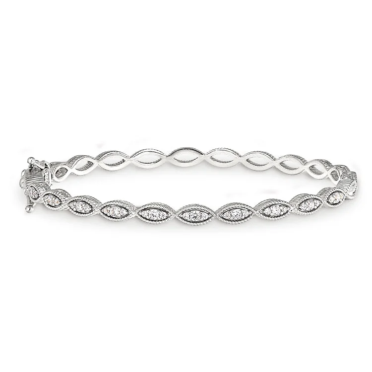 Homestead glow bracelets -Platinum Finish Sterling Silver Micropave Three Stone Marquis Bangle Bracelet with Simulated Diamonds