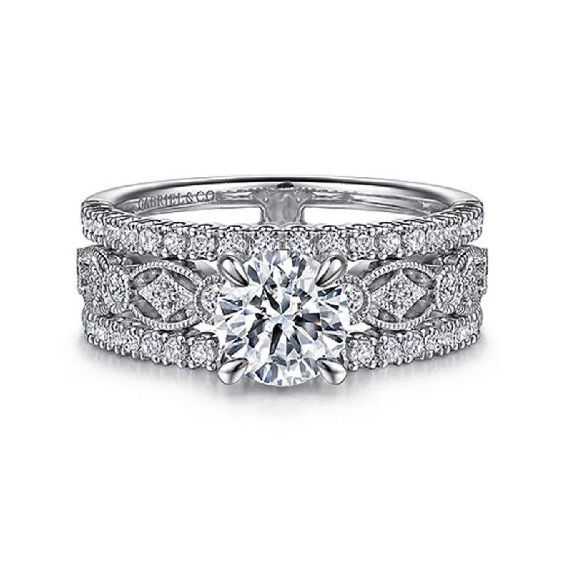 Ladies Engagement Rings Twisted Spark-Gabriel & Co Gemma - 14K White Gold Wide Band Round Diamond Engagement Ring