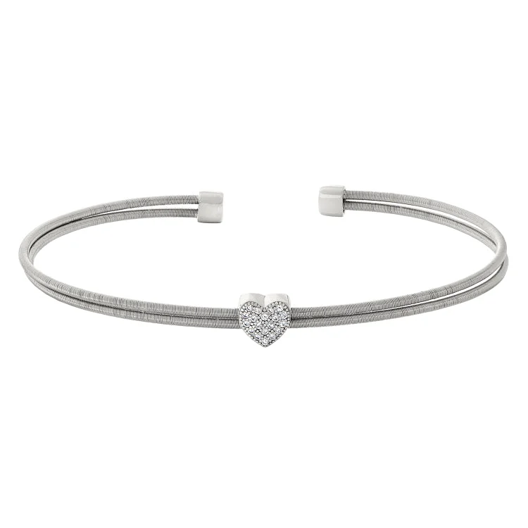 Valentine’s passion bracelets -Rhodium Finish Sterling Silver Two Cable Cuff Bracelet with Simulated Diamond Heart