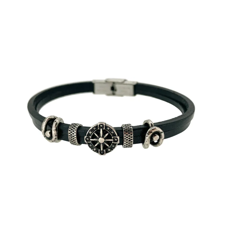 Celestial star bracelets -Leather Cord Bracelet With Stainless Steel Nautical Design