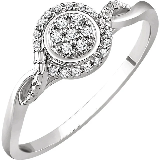 Ladies Rings Wide Glow-10K White Gold 1/10 CTW Diamond Multi Stone Halo Twist Style Promise Ring