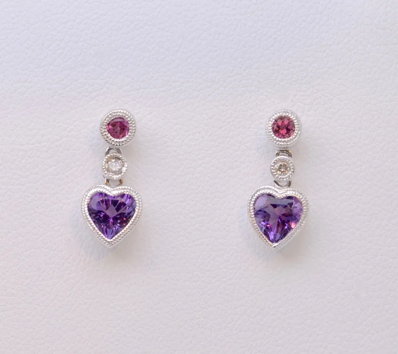 Ladies Earrings for Chef Glow-Pink Tourmaline/Amethyst Heart-Shaped Dangle Earrings in 14K White Gold