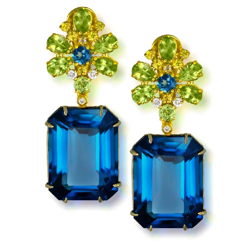 Ladies Earrings with Lilac Iolite-Gold Blossom Earrings with London Blue Topaz