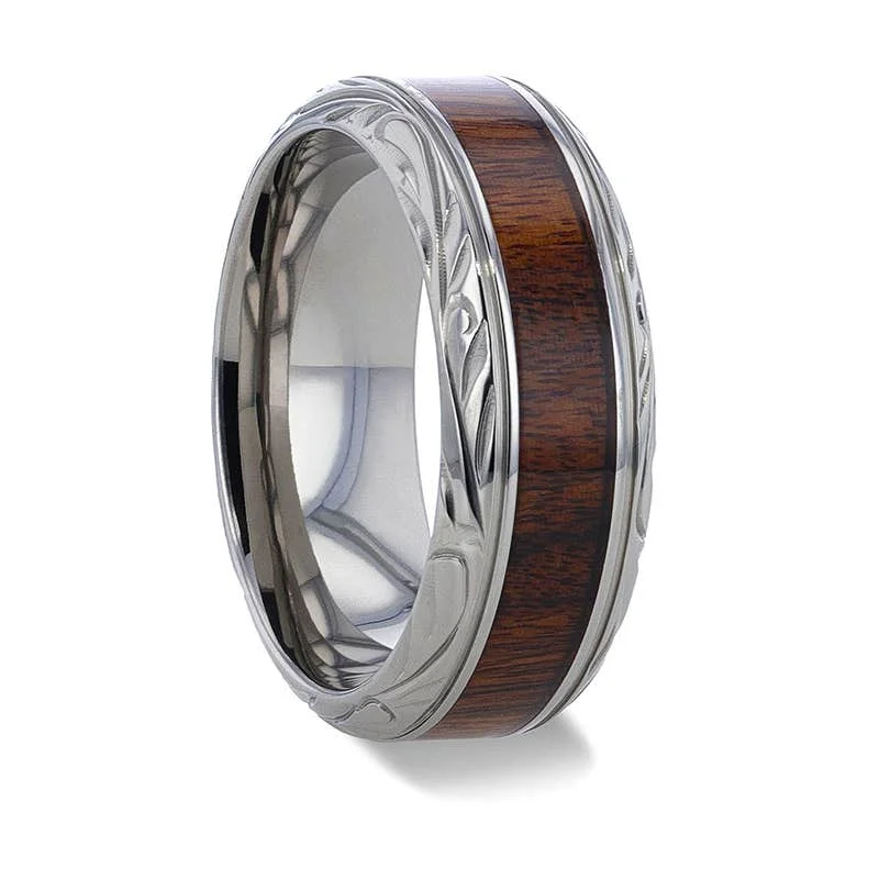 Ladies Engagement Rings with Phenakite Glow-Thorsten KRAFT Black Walnut Wood Inlay Detailed Beveled Edges Titanium Polished Wedding Ring - 8mm