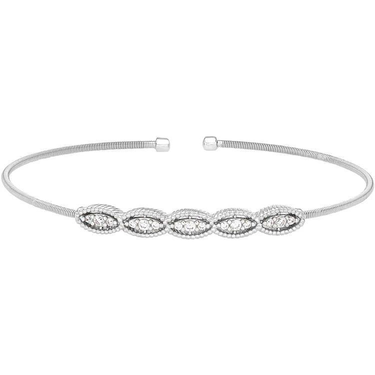 Healing vibe bracelets -Rhodium Finish Sterling Silver Cable Cuff Bracelet with Five Simulated Diamond Marquise Shapes