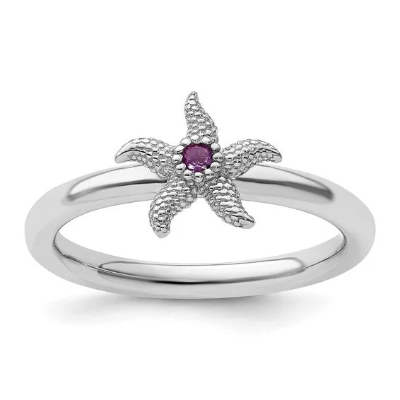 Ladies Rings Twisted Shine-Sterling Silver Stackable Expressions Amethyst Starfish Ring