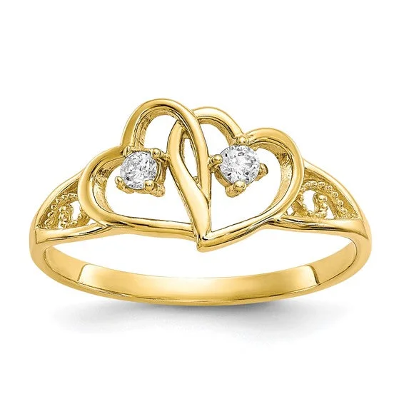 Ladies Rings for Sport Glow-10k Gold Double Heart CZ Filigree Ring