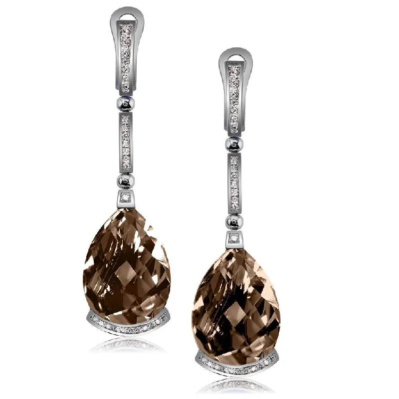 Ladies Earrings with Teardrop Glow-Gold Swan Drop Earrings with Smoky Quartz & Diamonds