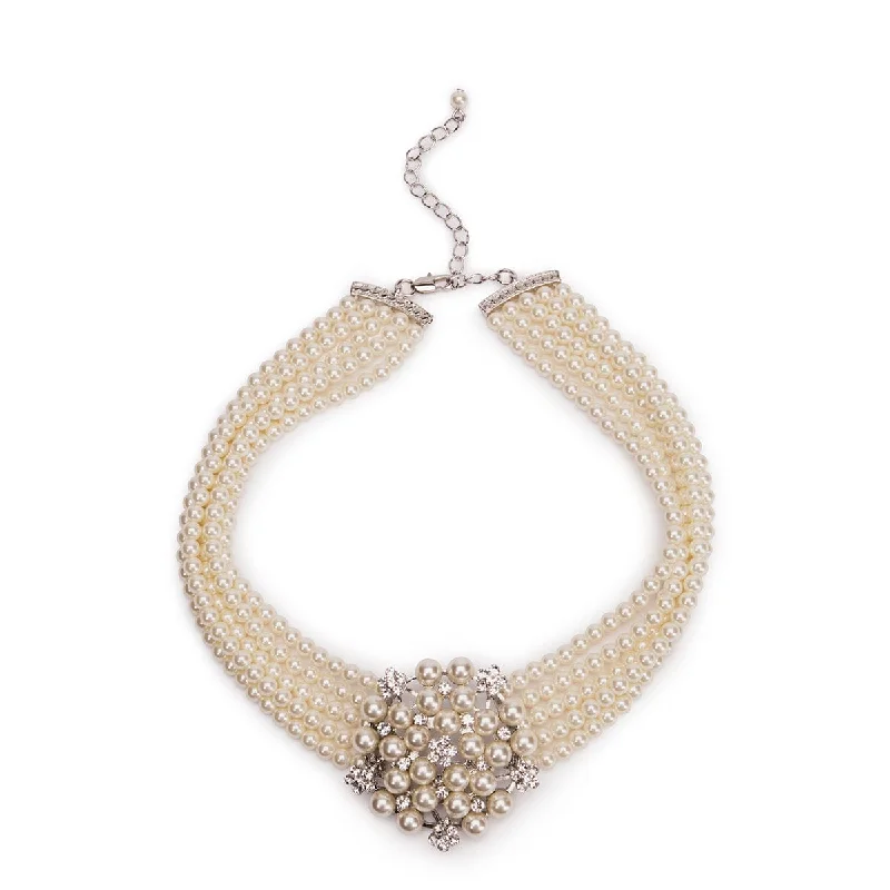 Ladies square edge necklaces -Audrey Hepburn Inspired Necklace: 5 Row Cream Glass Pearl Choker