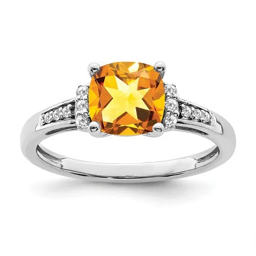 Ladies Rings for Writer Spark-14k White Gold Citrine Cushion and Diamond Ring