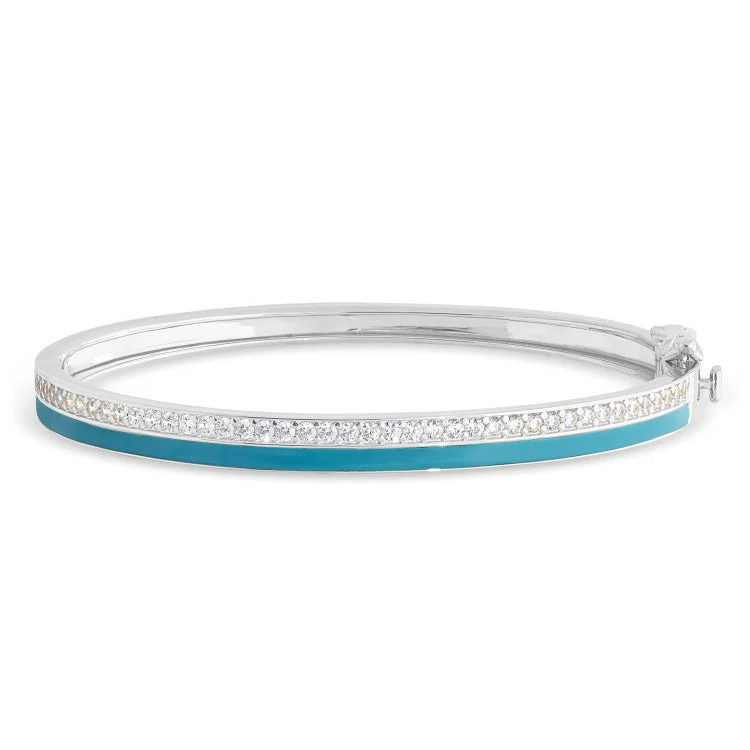 Club pride bracelets -Platinum Finish Sterling Silver Micropave Hinged Bangle Bracelet with Turquoise Enamel and Simulated Diamonds