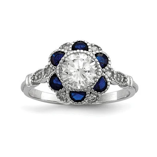 Ladies Rings for Night Spark-Sterling Silver White CZ & Lab-Created Blue Sapphire Flower Ring