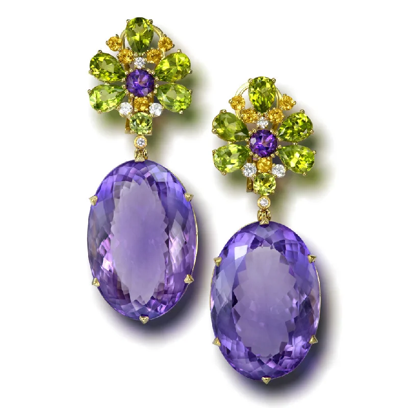 Ladies Earrings for Festive Shine-Gold Blossom Earrings with Light Amethyst & Peridot