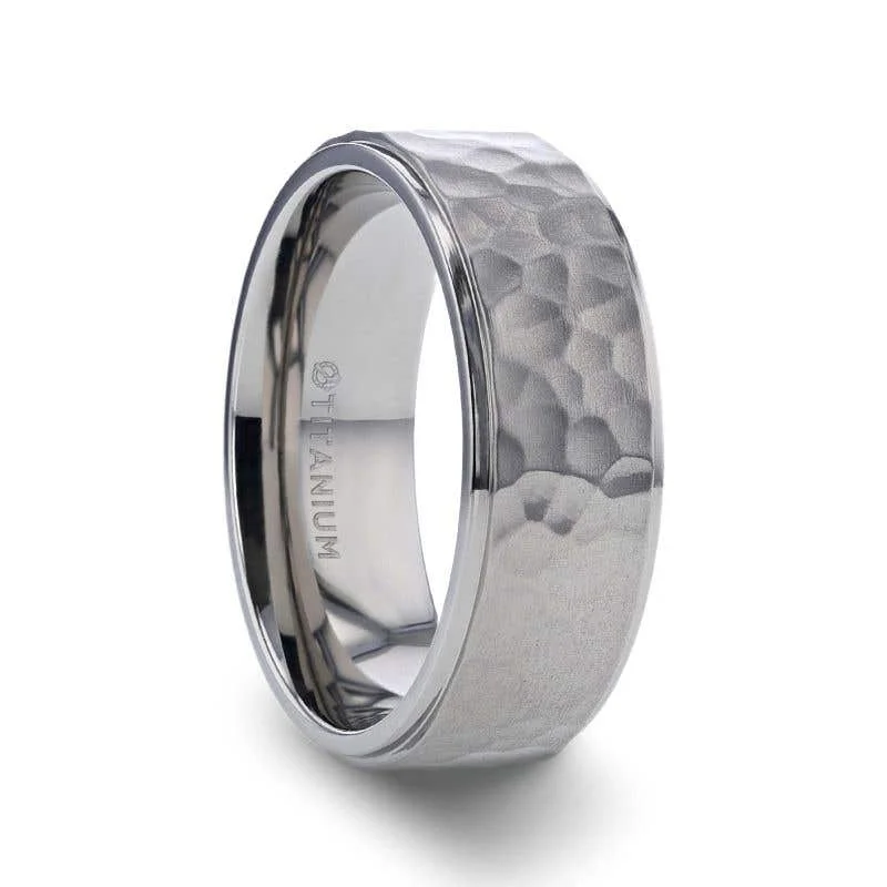 Ladies Rings with Silver Cassiterite-Thorsten MINISTER Titanium Ring with Raised Hammered Finish and Polished Step Edges - 8mm