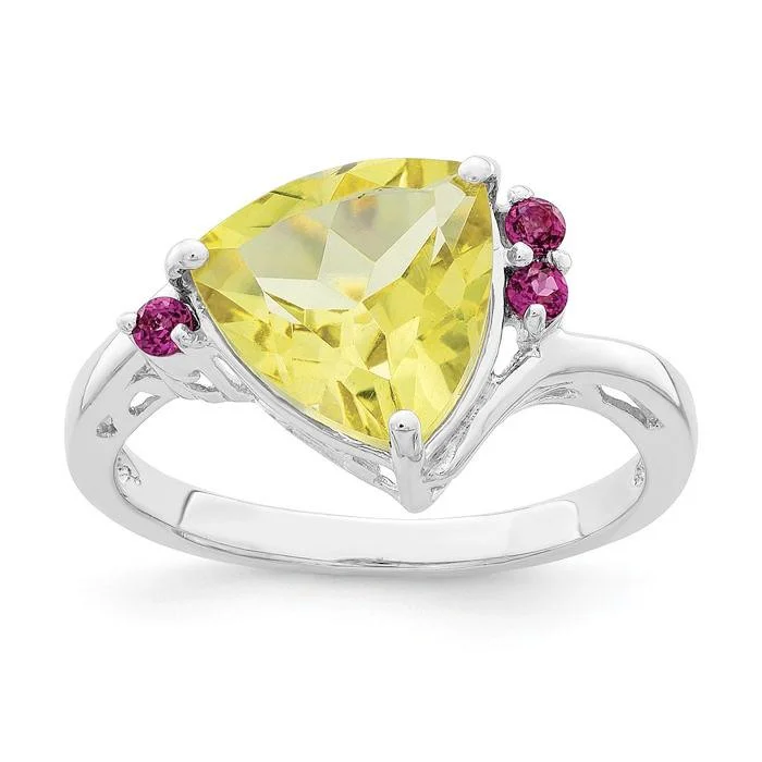 Ladies Rings with Jade Spark-Sterling Silver Lemon Quartz Trillion And Rhodolite Garnet Ring