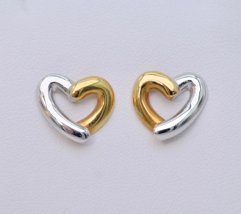 Ladies Earrings with Wave Glow-18K White/Yellow Gold Two-Tone Heart Earrings