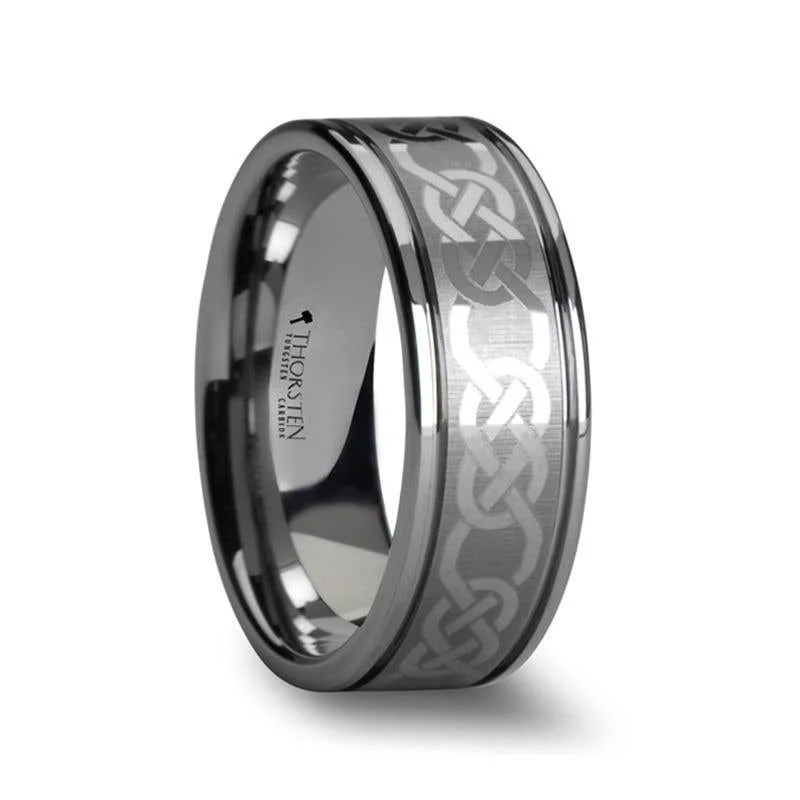 Ladies Rings with Lavender Lepidolite-Thorsten PALATINE Laser Engraved Tungsten Ring with Celtic Pattern - 6mm 8mm or 10mm