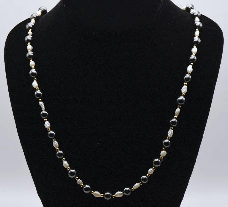 Ladies woven craft necklaces -Hematite and Freshwater Pearls Necklace - 24"