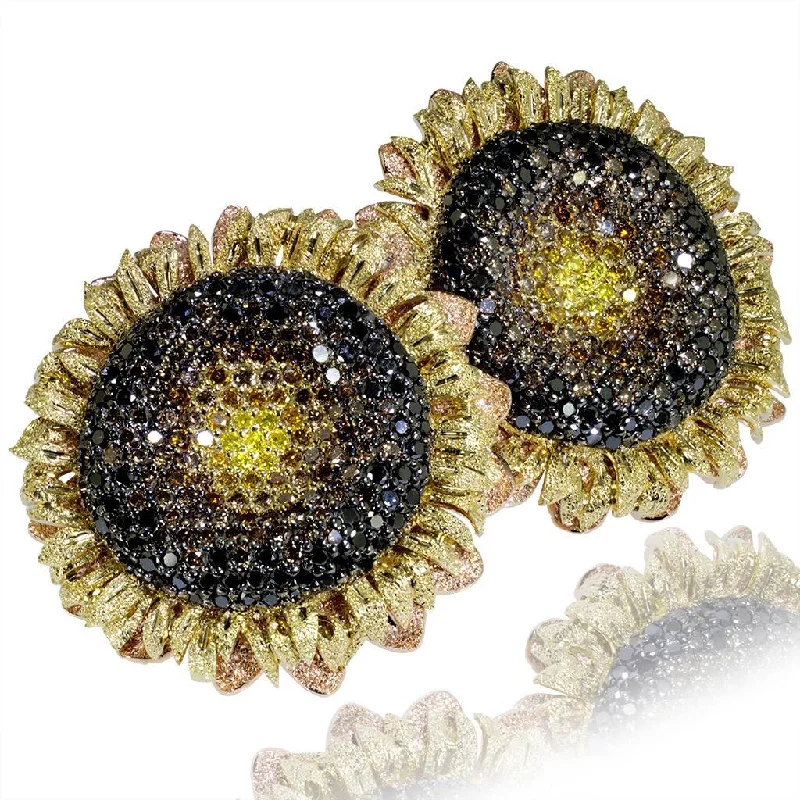 Ladies Earrings with Cyan Richterite-Gold Sunflower Earrings with Color Diamonds