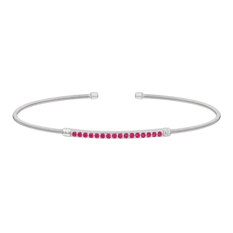 Striking fashion bracelets -Rhodium Finish Sterling Silver Cable Cuff Bracelet with Simulated Ruby Birth Gems - July