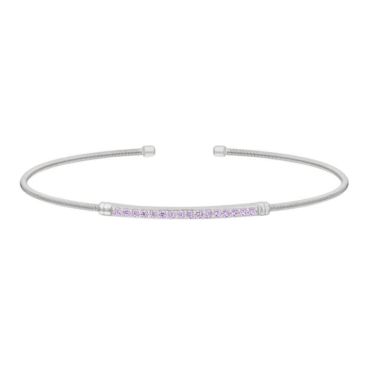 Mystic lunar bracelets -Rhodium Finish Sterling Silver Cable Cuff Bracelet with Simulated Light Amethyst Birth Gems - June