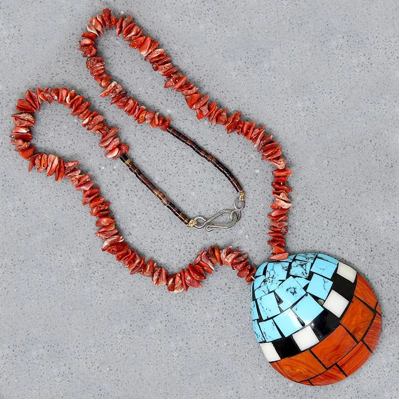 Ladies starlit wonder necklaces -Pueblo Inlay Shell Pendant on Shell Tab Necklace