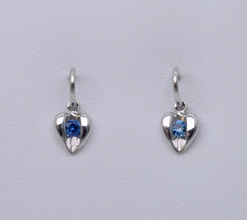 Ladies Earrings with Green Uvarovite-14K White Gold Heart Earrings with Sapphire Sparkle