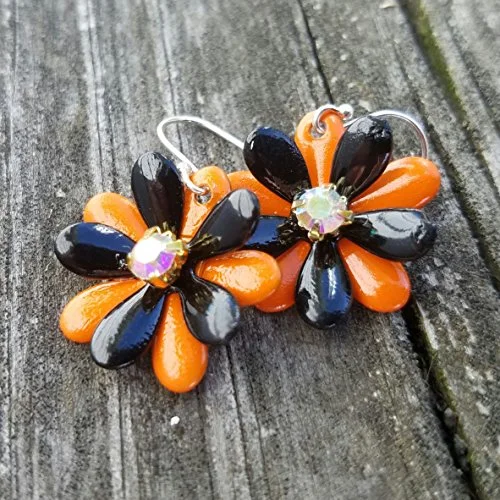 Ladies Earrings with Purple Charoite-Halloween Flower Earrings Black and Orange with AB Rhinestones