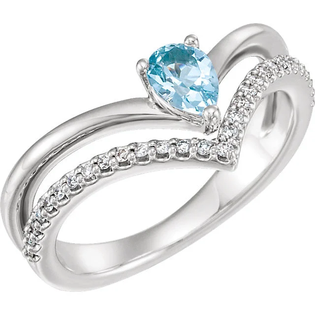 Ladies Rings with Cyan Richterite-14K White Yellow or Rose Gold Aquamarine Pear & 1/6 CTW Diamond Double V Ring