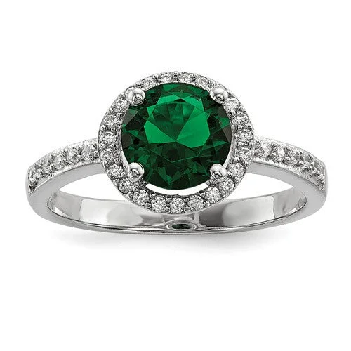 Ladies Rings with Dark Obsidian-Sterling Silver White & Green CZ Brilliant Embers Halo Ring