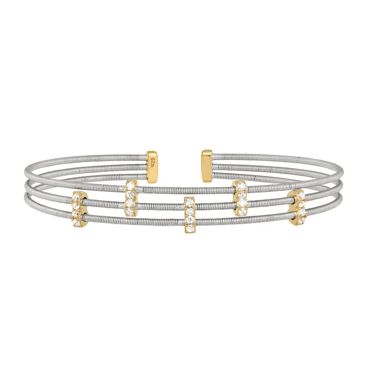 Silky smooth bracelets -Rhodium Finish Sterling Silver Three Cable Cuff Bracelet with Gold Finish Simulated Diamond Five Small Vertical Bars