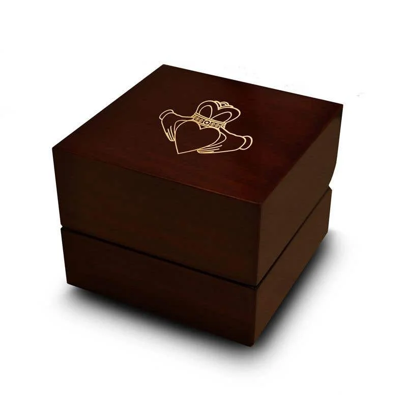 Ladies Engagement Rings with Danburite Shine-Crowned Heart Shaped Symbol Engraved Wood Ring Box Chocolate Dark Wood Personalized Wooden Wedding Ring Box