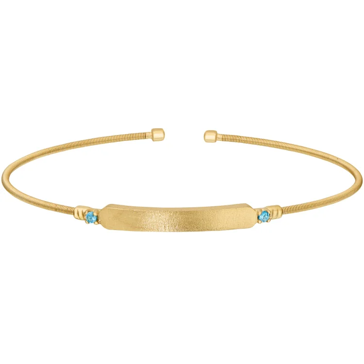 Bar dangle bracelets -Gold Finish Silver Cable Cuff Bracelet with Name Plate and Simulated Aquamarine Birth Gems - March