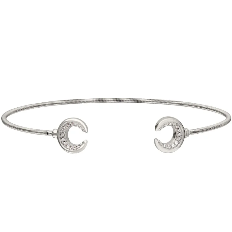 Halo burst bracelets -Rhodium Finish Sterling Silver Cable Cuff Bracelet with Simulated Diamond Upside Down Crescent Moons