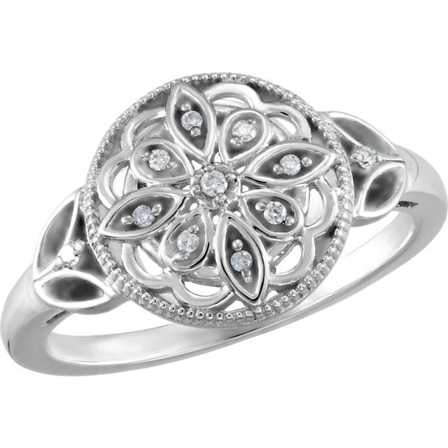 Ladies Rings with Globe Spark-Sterling Silver .06 CTW Diamond Granulated Filigree Ring