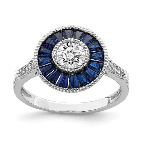 Ladies Rings with Jade Spark-Sterling Silver Created Blue Spinel And CZ Halo Ring