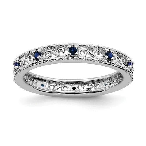 Ladies Rings with Olive Idocrase-Sterling Silver Stackable Expressions Created Blue Sapphire Filigree Ring