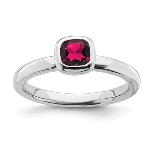 Ladies Rings with Blue Chalcanthite-Sterling Silver Stackable Expressions Cushion Cut Created Ruby Ring