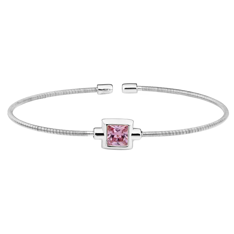 Opulent gold bracelets -Rhodium Finish Sterling Silver Cable Cuff Bracelet with Princess Cut Simulated Pink Sapphire Birth Gem