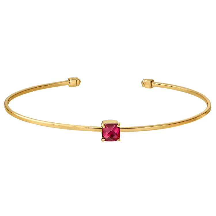 Glittering spark bracelets -Gold Finish Sterling Silver Pliable Cuff Bracelet with Faceted Cushion Cut Simulated Ruby Birth Gem - July