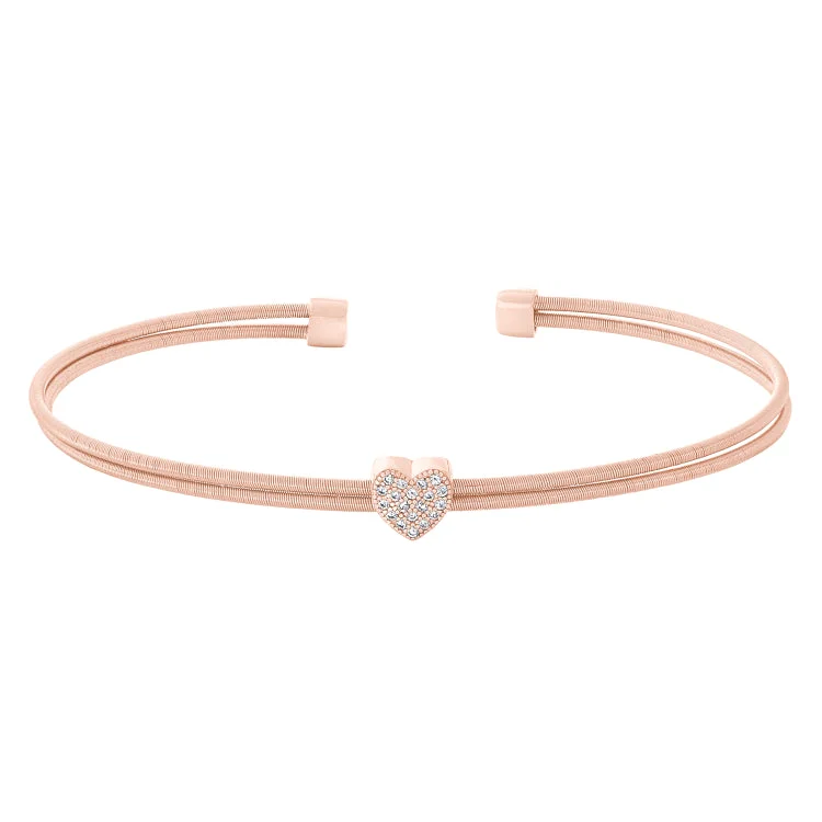 Blissful charm bracelets -Rose Gold Finish Sterling Silver Two Cable Cuff Bracelet with Simulated Diamond Heart