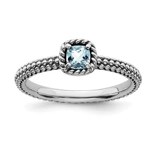 Ladies Rings for Chef Spark-Sterling Silver Stackable Expressions Checker-Cut Light Aquamarine Antiqued Ring