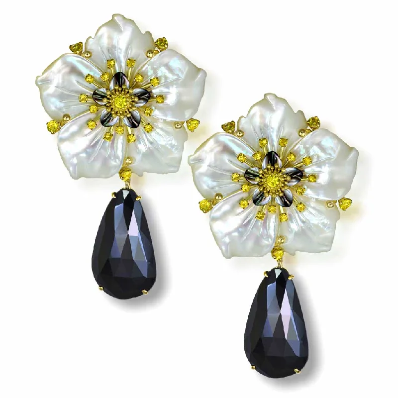 Ladies Earrings for Date Glow-Gold Blossom Convertible Earrings with Carved Mother Of Pearl & Spinel