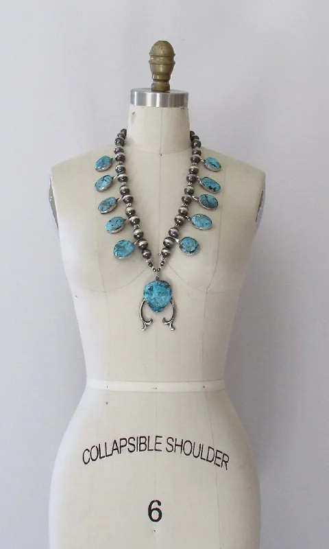 Ladies sunbeam glow necklaces -CHIMNEY BUTTE Navajo Silver and Turquoise Squash Blossom Necklace