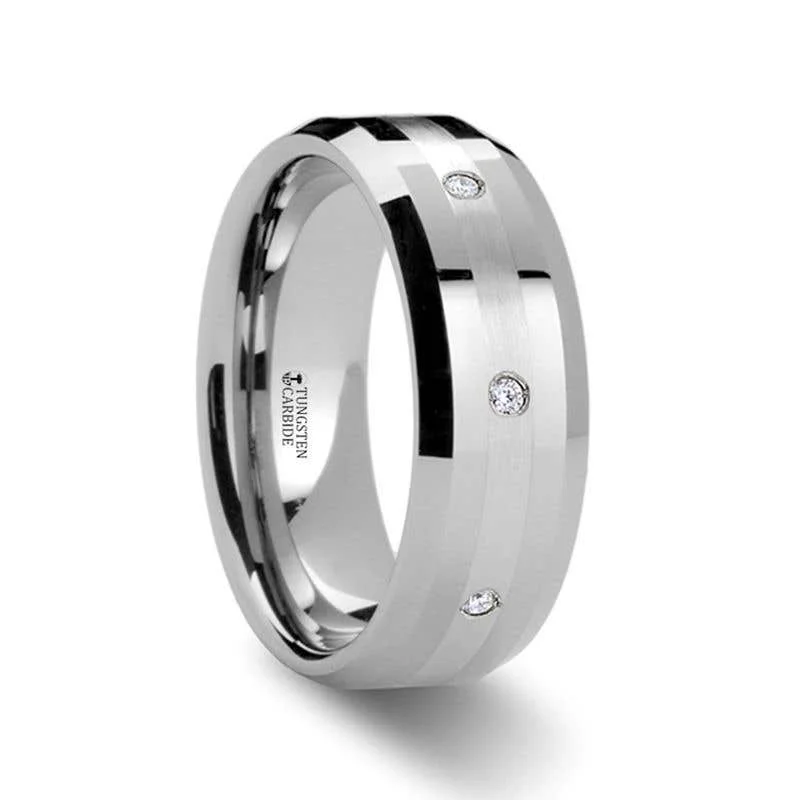 Ladies Rings with Bronze Enstatite-Thirteen DEVONSHIRE Palladium Inlaid Beveled Diamond Tungsten Carbide Ring - 8mm